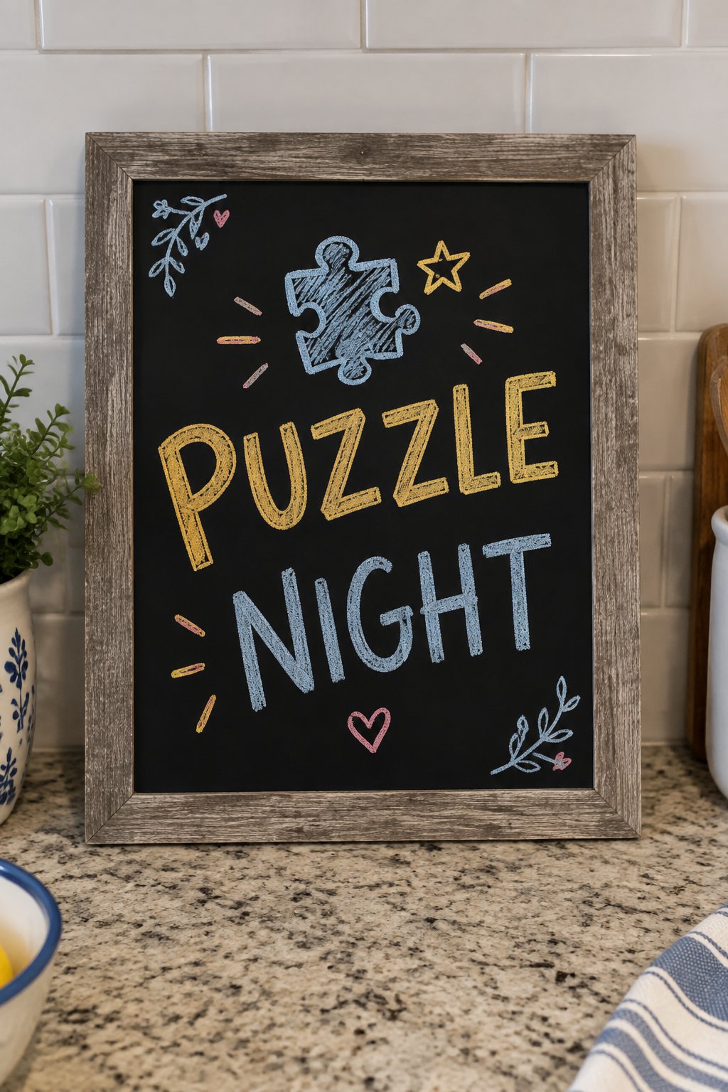Puzzle Night: a hand-drawn newyear chalkboard sign reading "PUZZLE NIGHT".