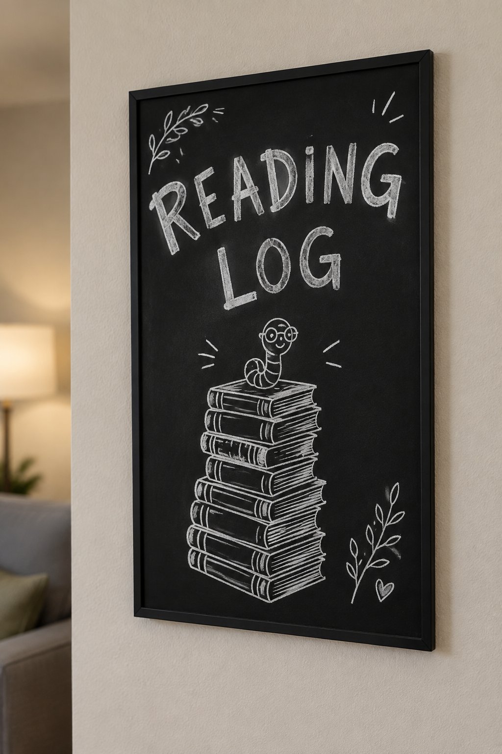 Reading Log: a hand-drawn winter chalkboard sign reading "READING LOG".
