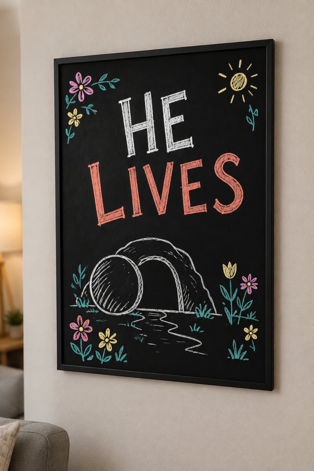 Resurrection Garden: a hand-drawn spring chalkboard sign reading "HE LIVES".