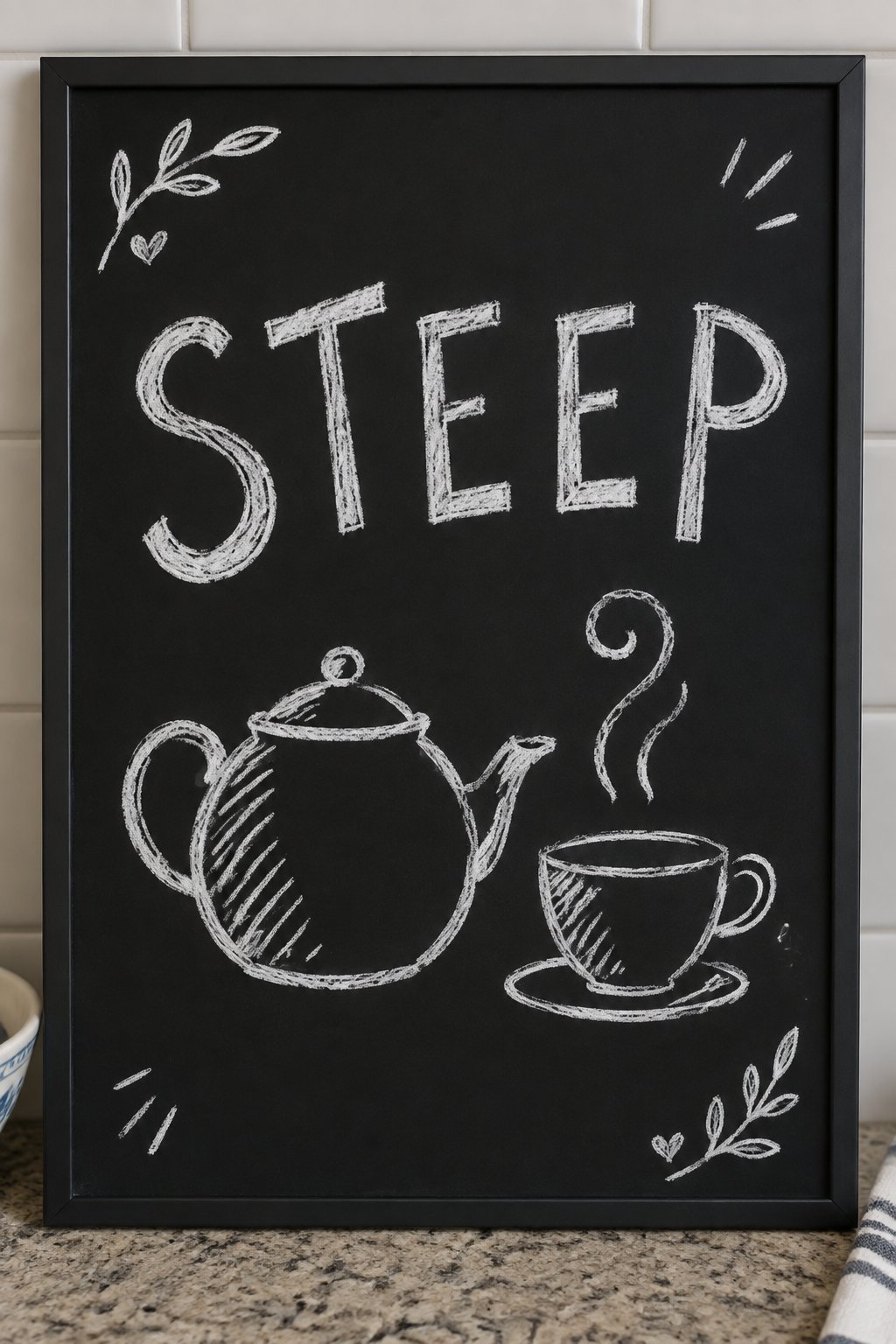 Teapot Warmth: a hand-drawn winter chalkboard sign reading "STEEP".