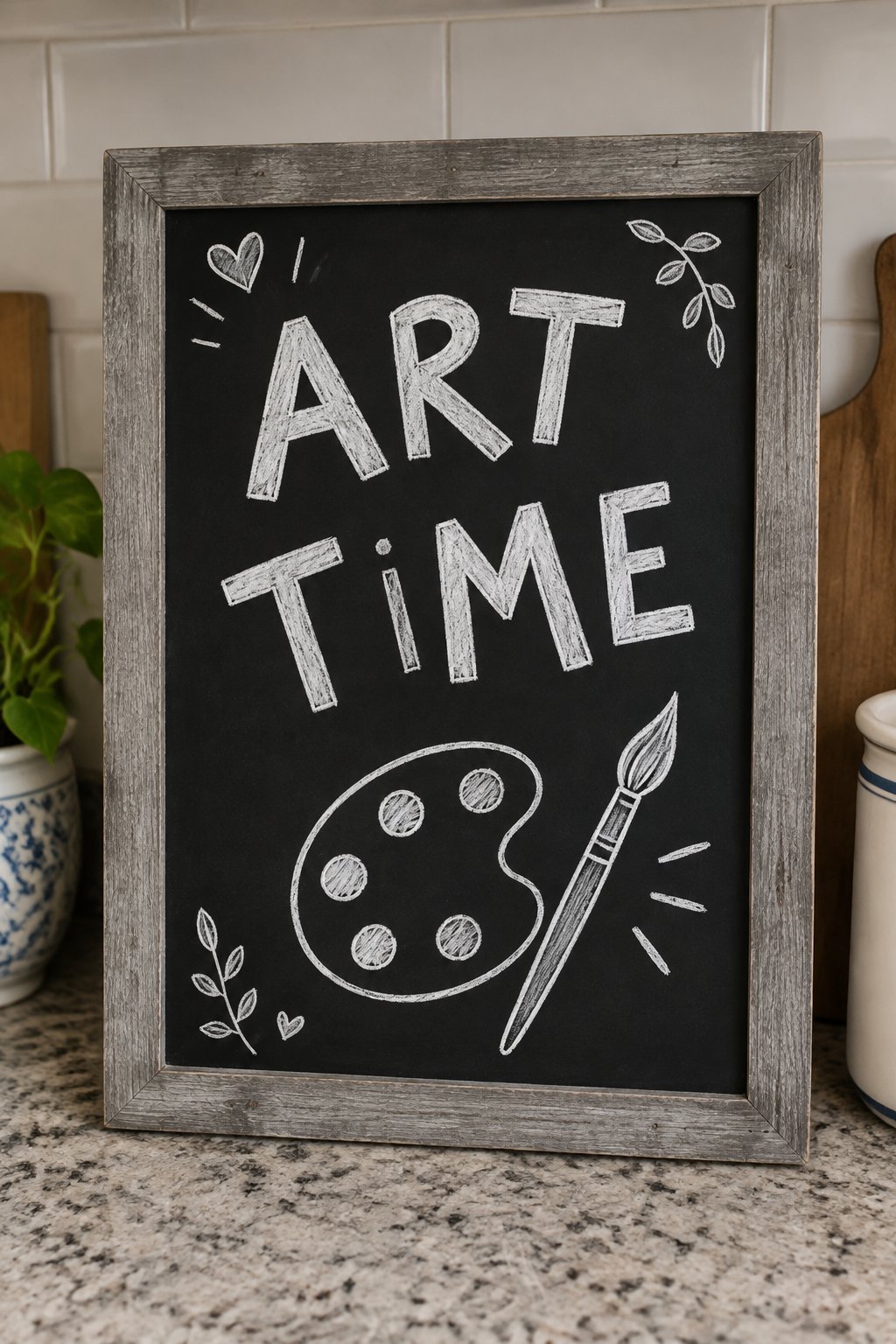 Art Time: a hand-drawn winter chalkboard sign reading "ART TIME".
