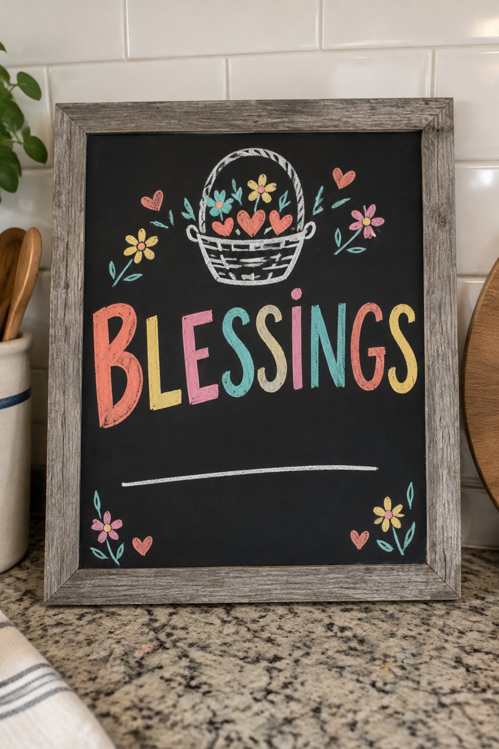 Blessings Basket: a hand-drawn spring chalkboard sign reading "BLESSINGS".
