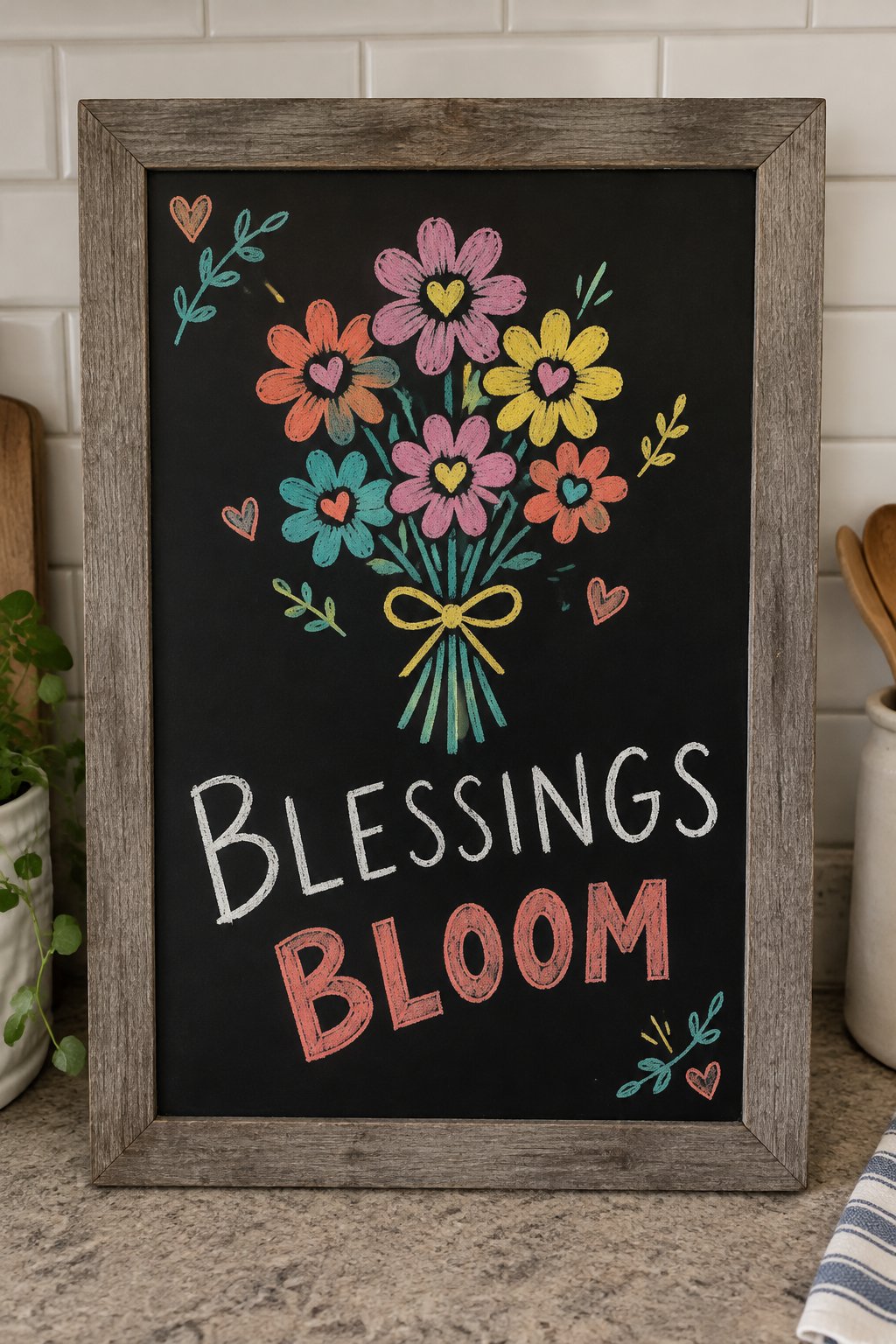 Blessings Bloom: a hand-drawn spring chalkboard sign reading "BLESSINGS BLOOM".