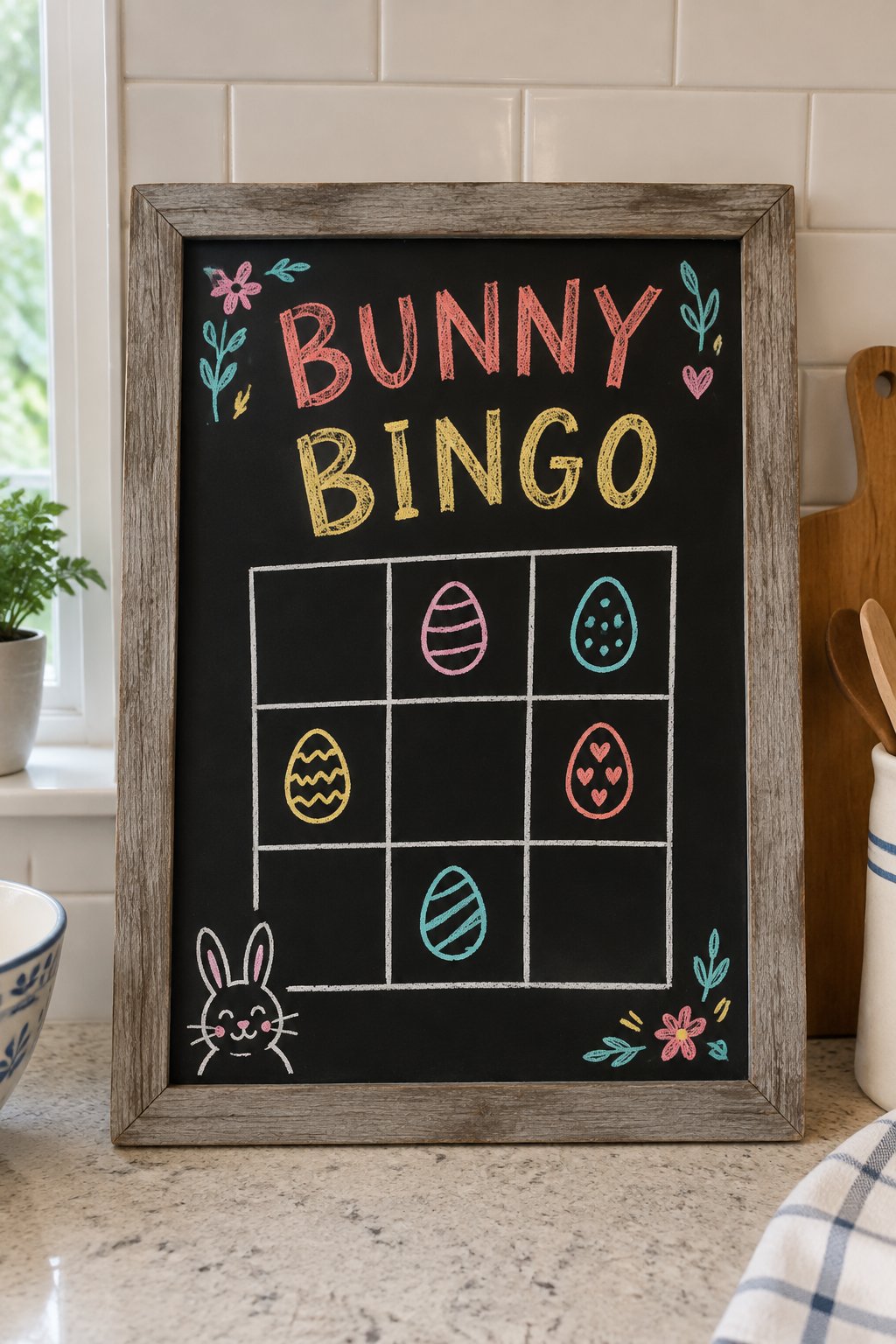 Bunny Bingo: a hand-drawn spring chalkboard sign reading "BUNNY BINGO".