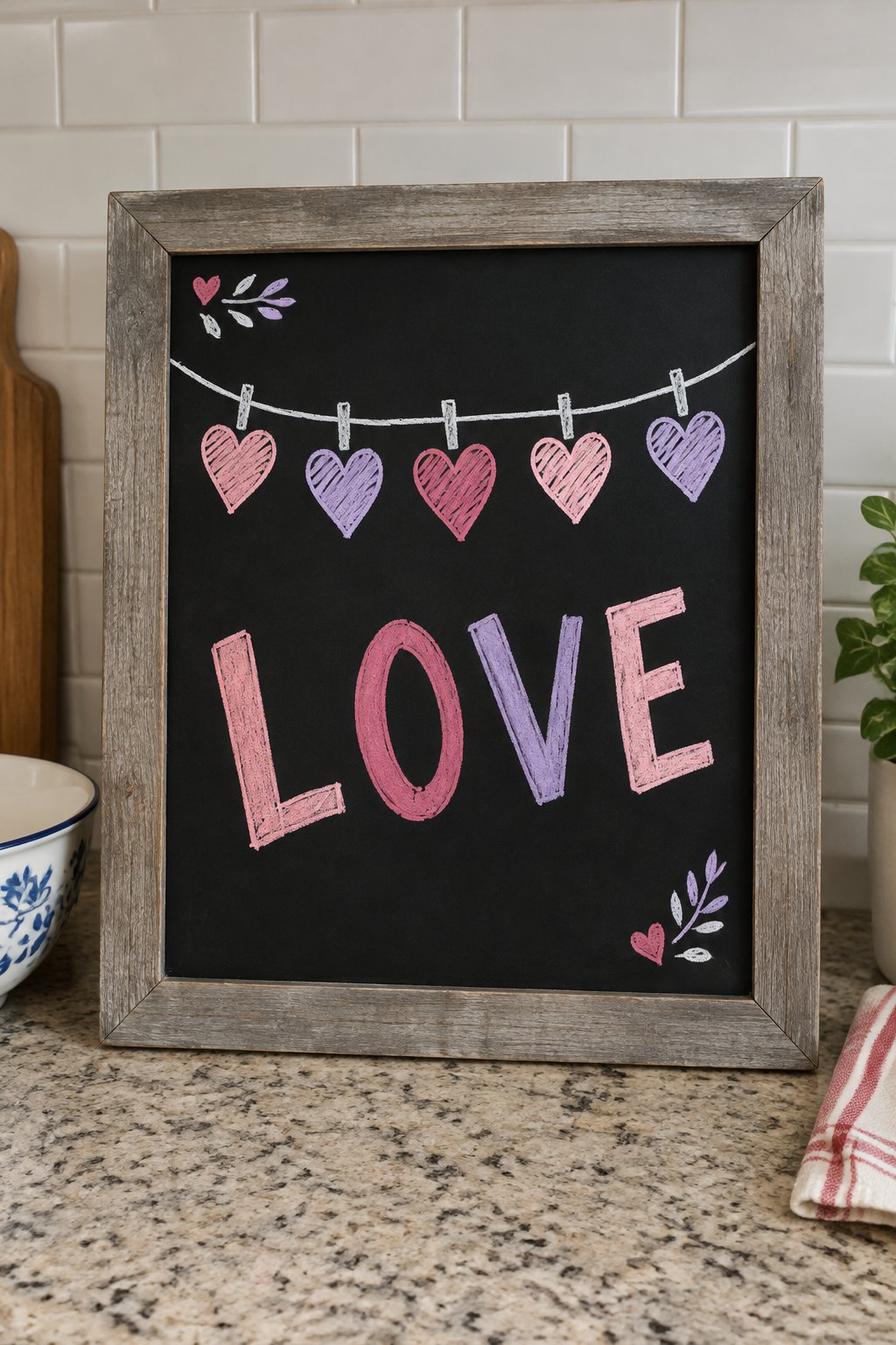 Clothesline of Hearts: a hand-drawn valentines chalkboard sign reading "LOVE".