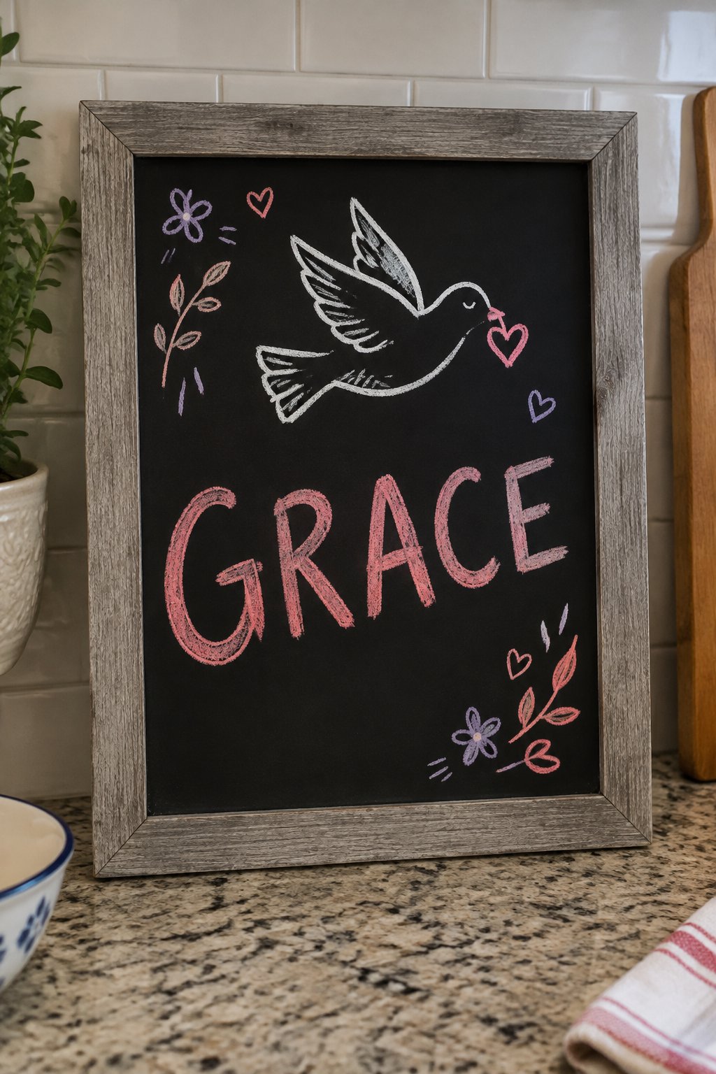 Grace Dove: a hand-drawn valentines chalkboard sign reading "GRACE".