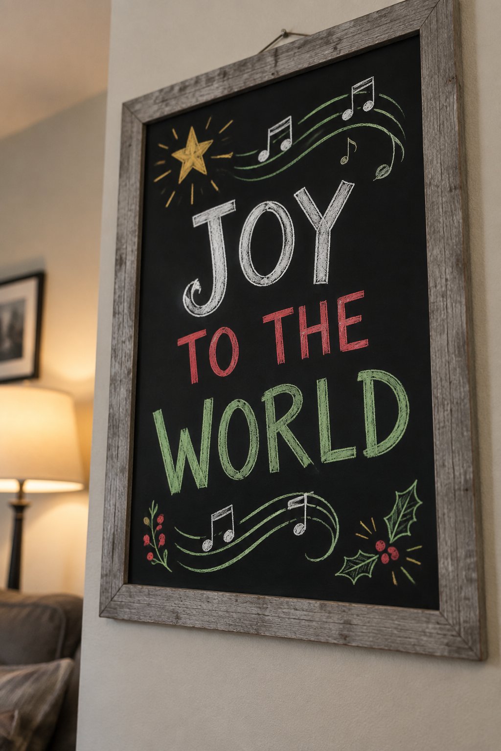 Joy to the World: a hand-drawn christmas chalkboard sign reading "JOY TO THE WORLD".