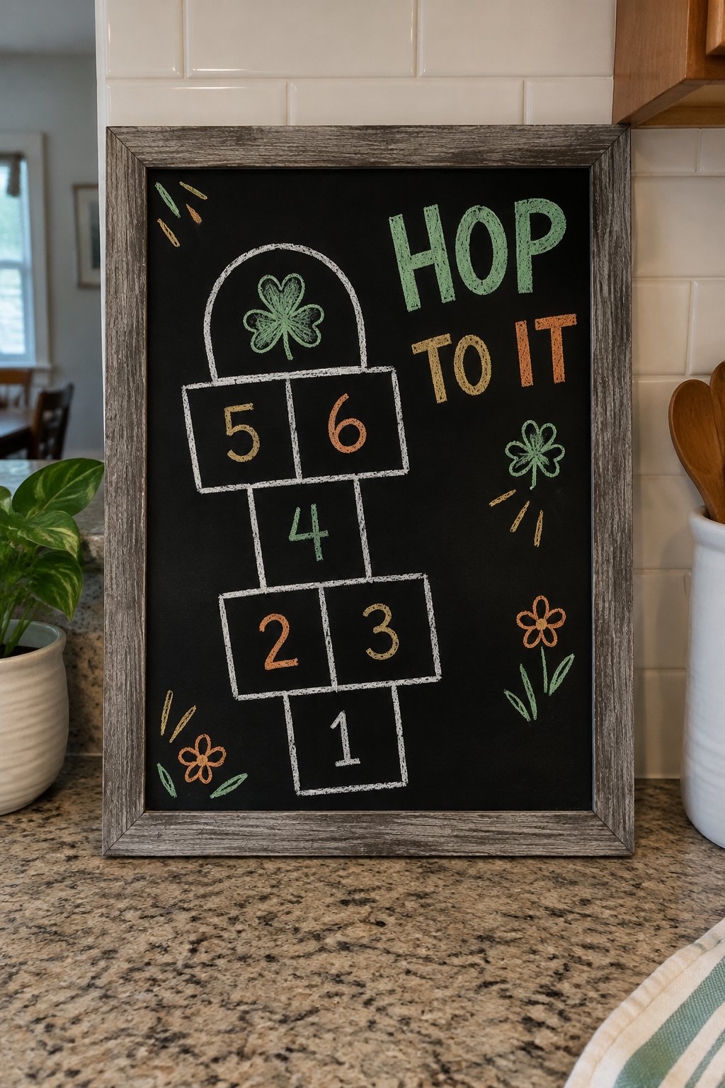 Shamrock Hopscotch: a hand-drawn stpatricks chalkboard sign reading "HOP TO IT".