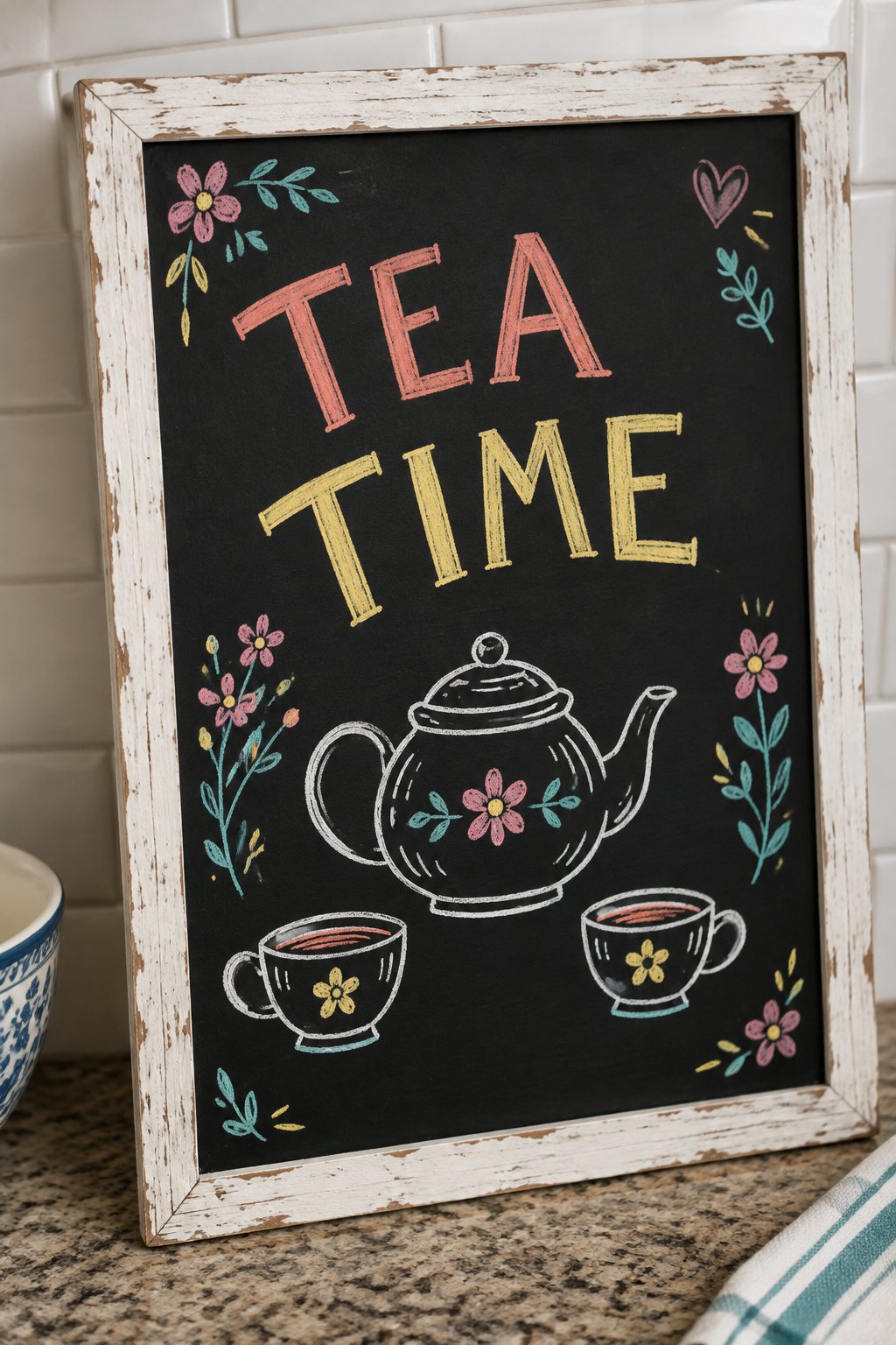 Tea Time: a hand-drawn spring chalkboard sign reading "TEA TIME".