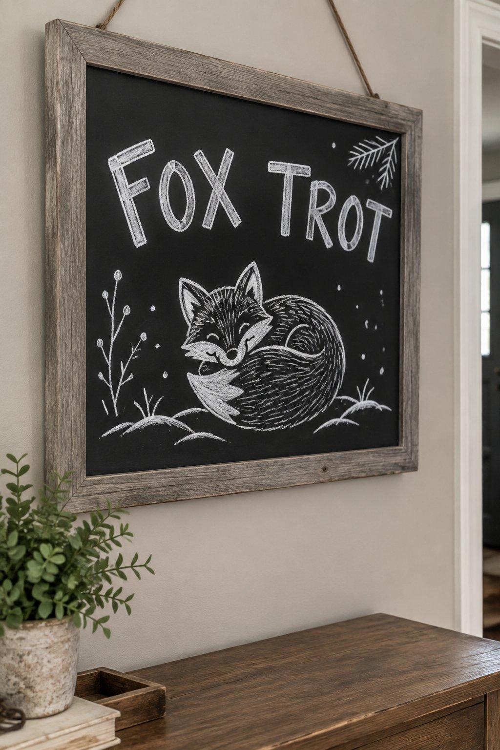 Winter Fox: a hand-drawn winter chalkboard sign reading "FOX TROT".