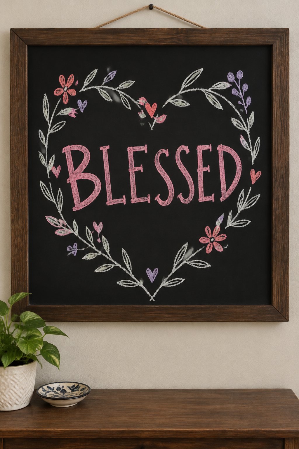 Blessed Wreath: a hand-drawn valentines chalkboard sign reading "BLESSED".