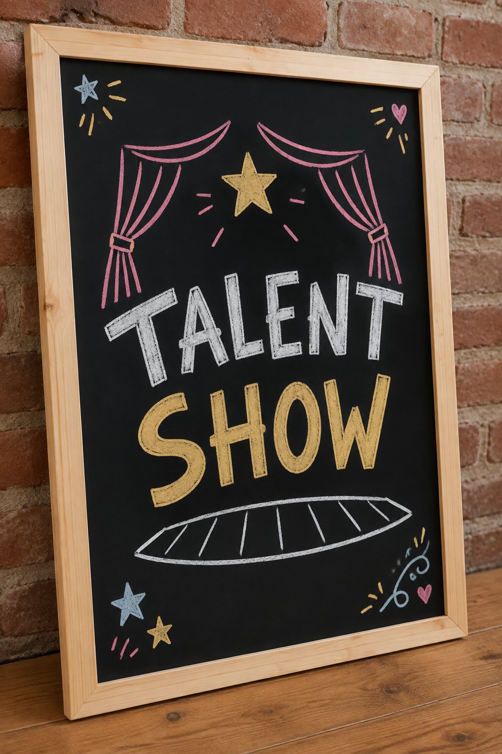 Family Talent Show: a hand-drawn newyear chalkboard sign reading "TALENT SHOW".
