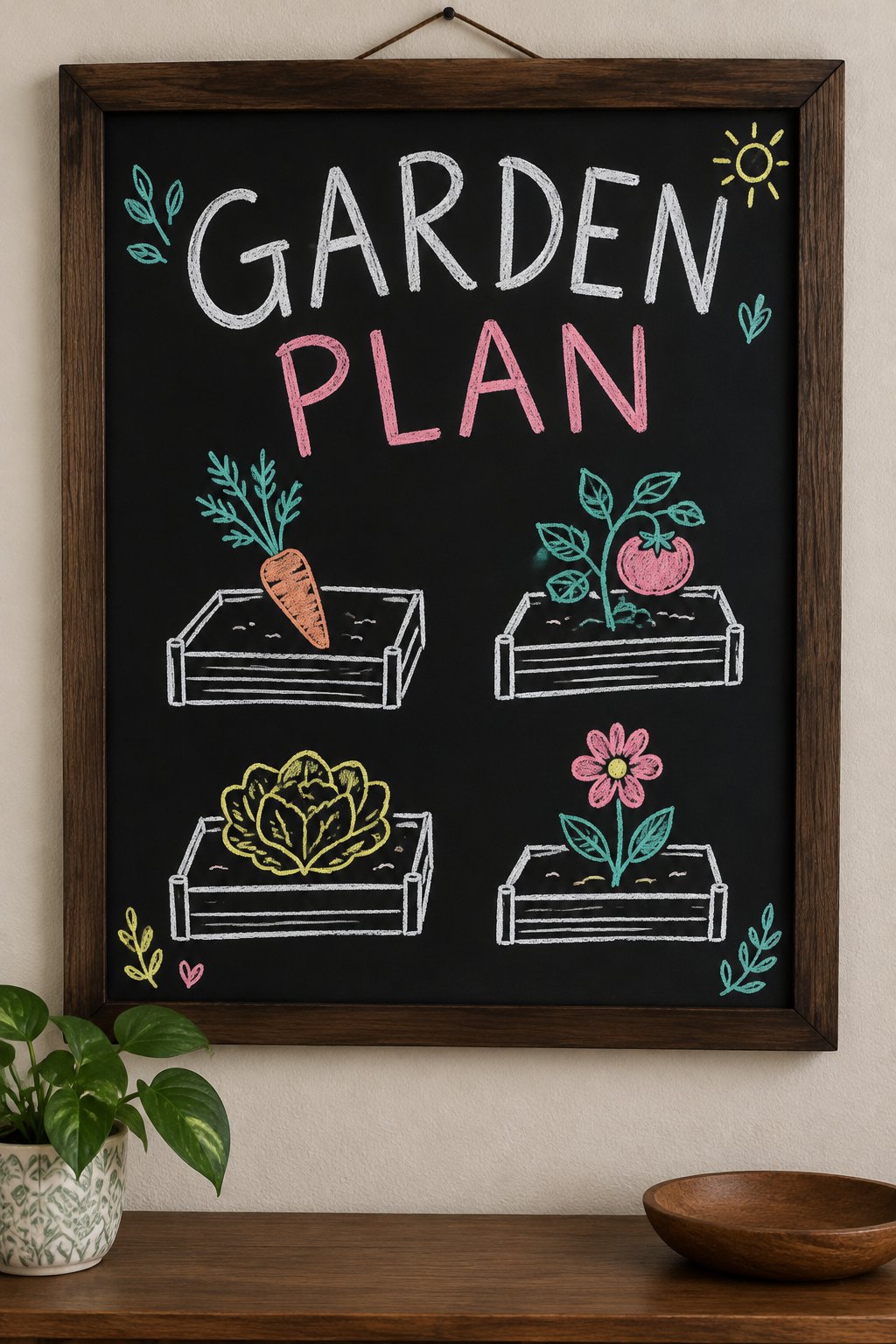 Garden Plan: a hand-drawn spring chalkboard sign reading "GARDEN PLAN".