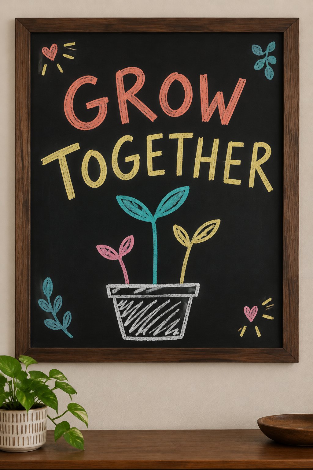 Grow Together: a hand-drawn spring chalkboard sign reading "GROW TOGETHER".