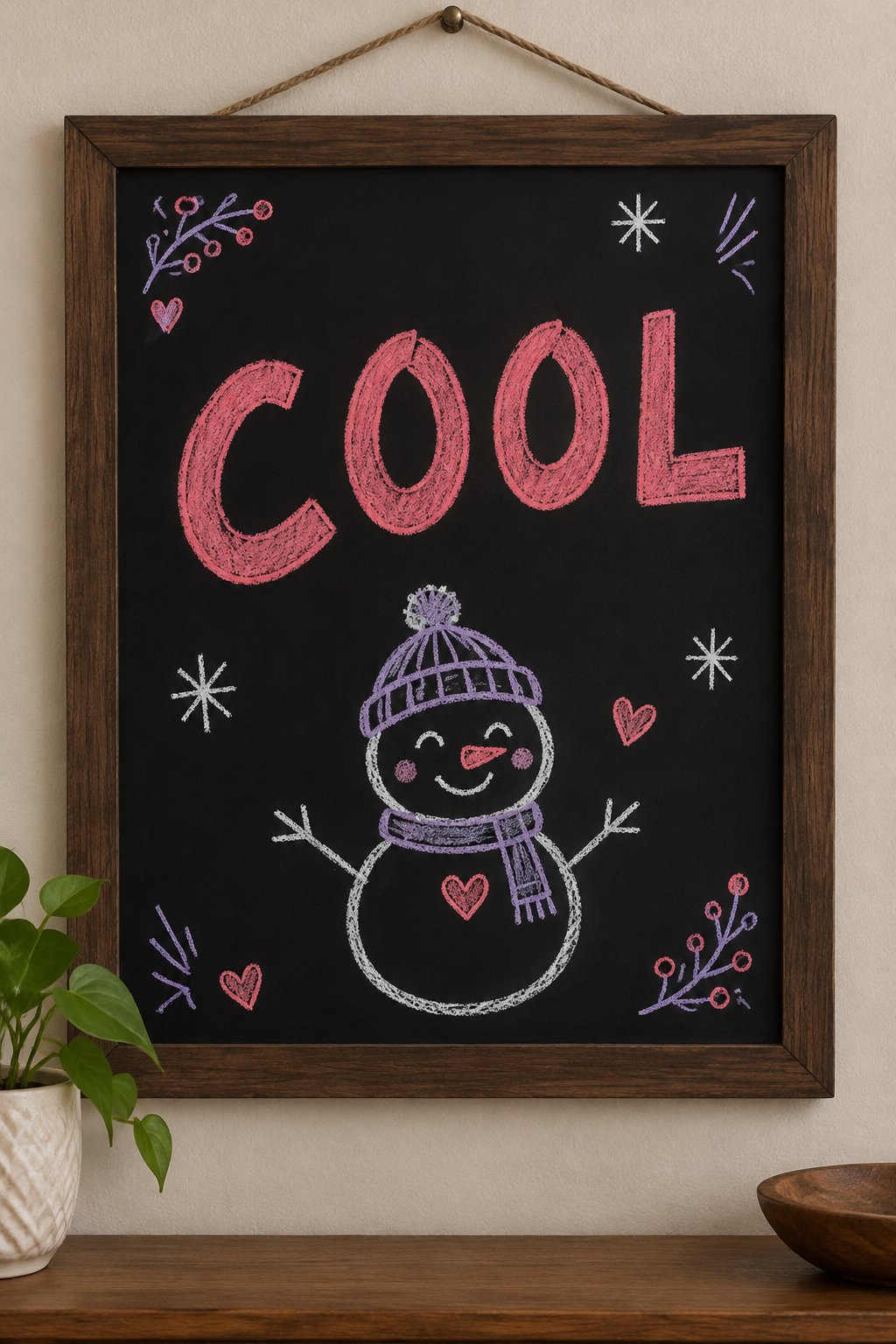 Little Snowman: a hand-drawn valentines chalkboard sign reading "COOL".