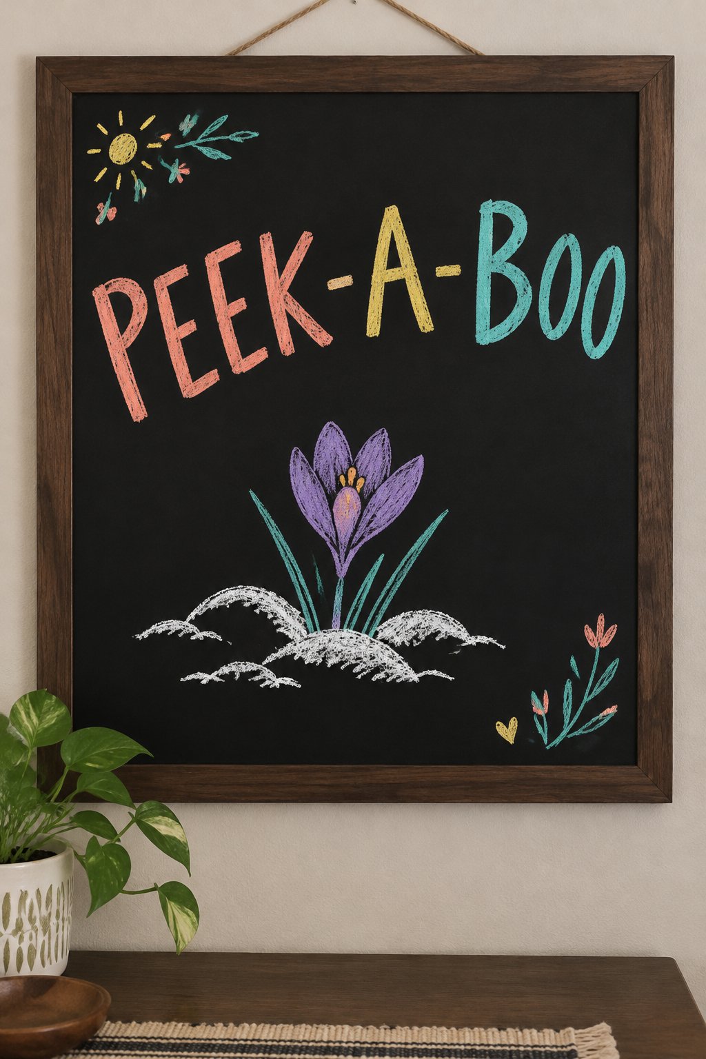 Peeking Crocus: a hand-drawn spring chalkboard sign reading "PEEK-A-BOO".