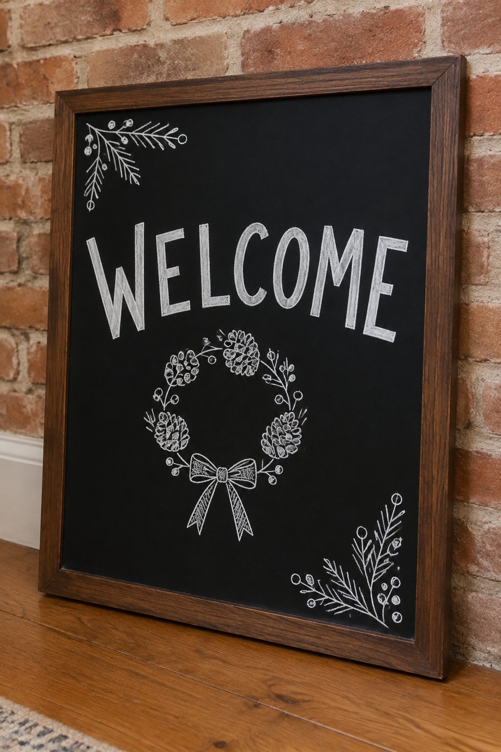 Pinecone Wreath: a hand-drawn winter chalkboard sign reading "WELCOME".