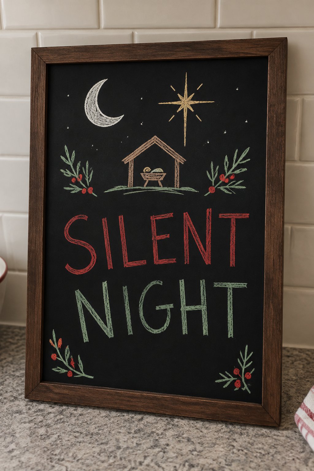 Silent Night: a hand-drawn christmas chalkboard sign reading "SILENT NIGHT".