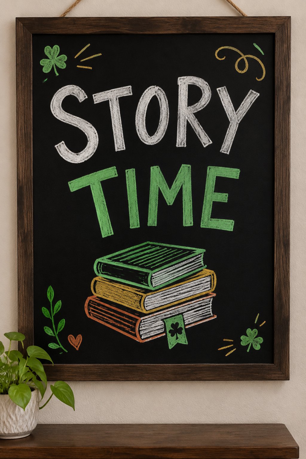 Story Time: a hand-drawn stpatricks chalkboard sign reading "STORY TIME".