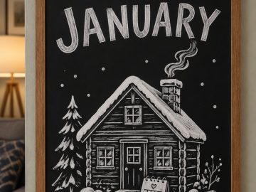 A hand-drawn winter chalkboard sign reading "HELLO JANUARY".