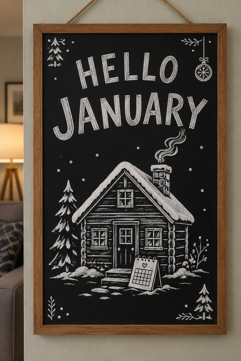 A hand-drawn winter chalkboard sign reading "HELLO JANUARY".