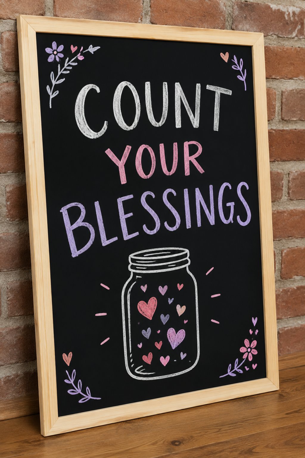 Count Blessings: a hand-drawn valentines chalkboard sign reading "COUNT YOUR BLESSINGS".