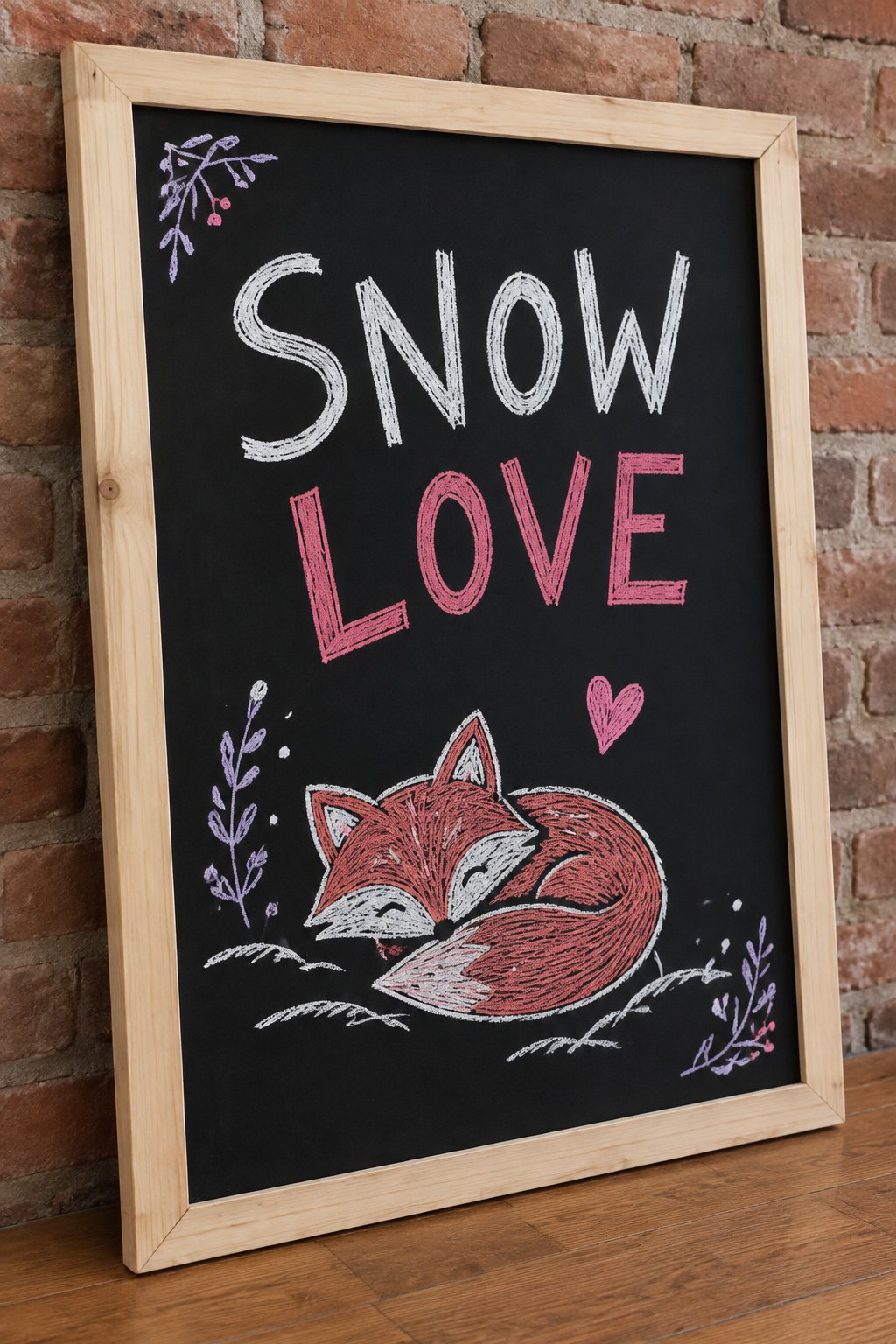 Fox in Snow: a hand-drawn valentines chalkboard sign reading "SNOW LOVE".