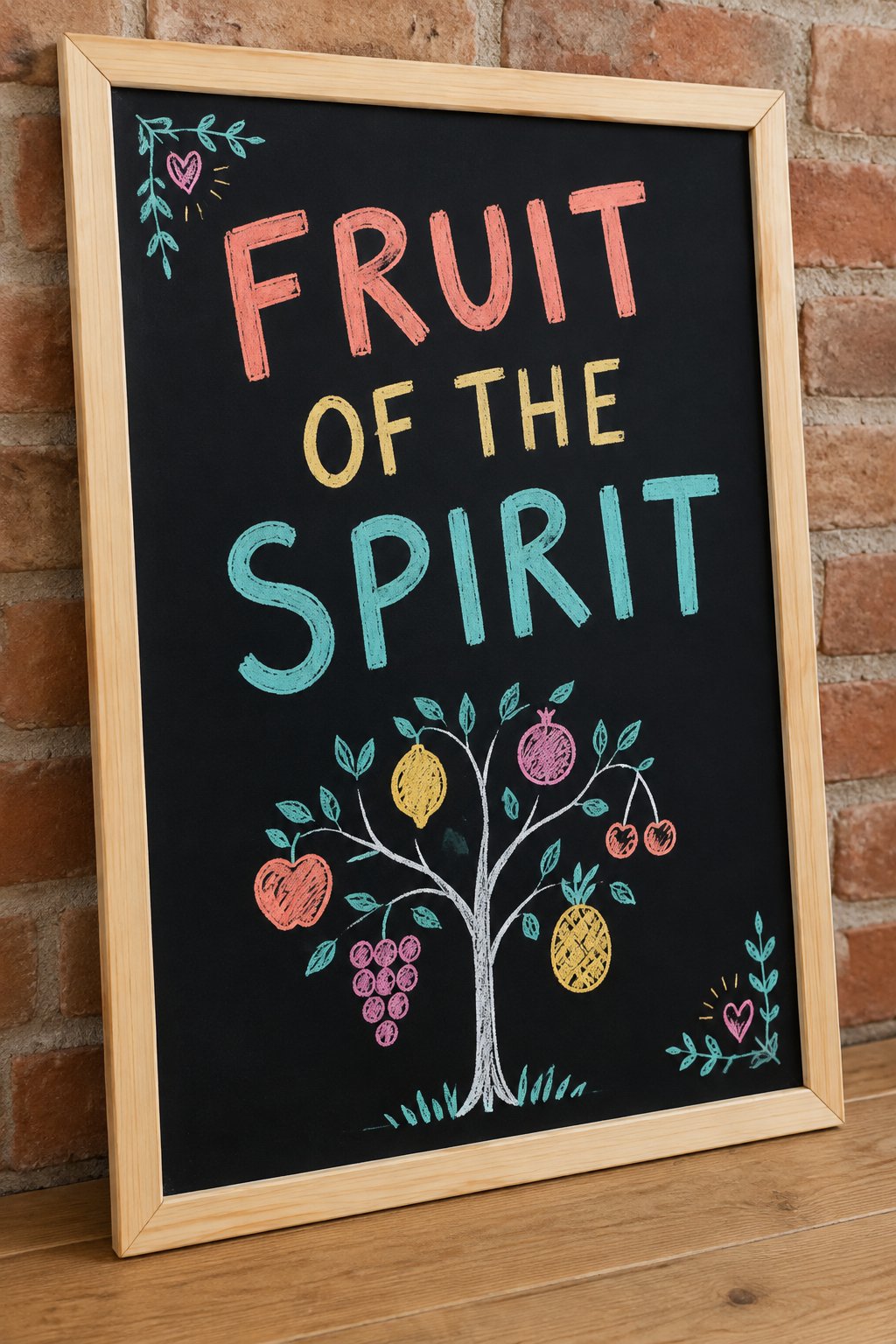 Fruit of the Spirit: a hand-drawn spring chalkboard sign reading "FRUIT OF THE SPIRIT".