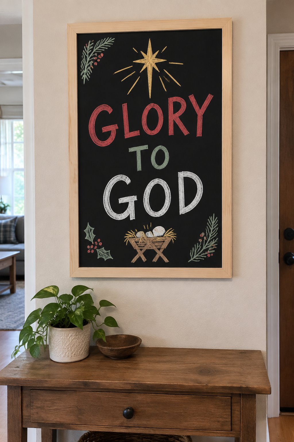 Glory to God: a hand-drawn christmas chalkboard sign reading "GLORY TO GOD".