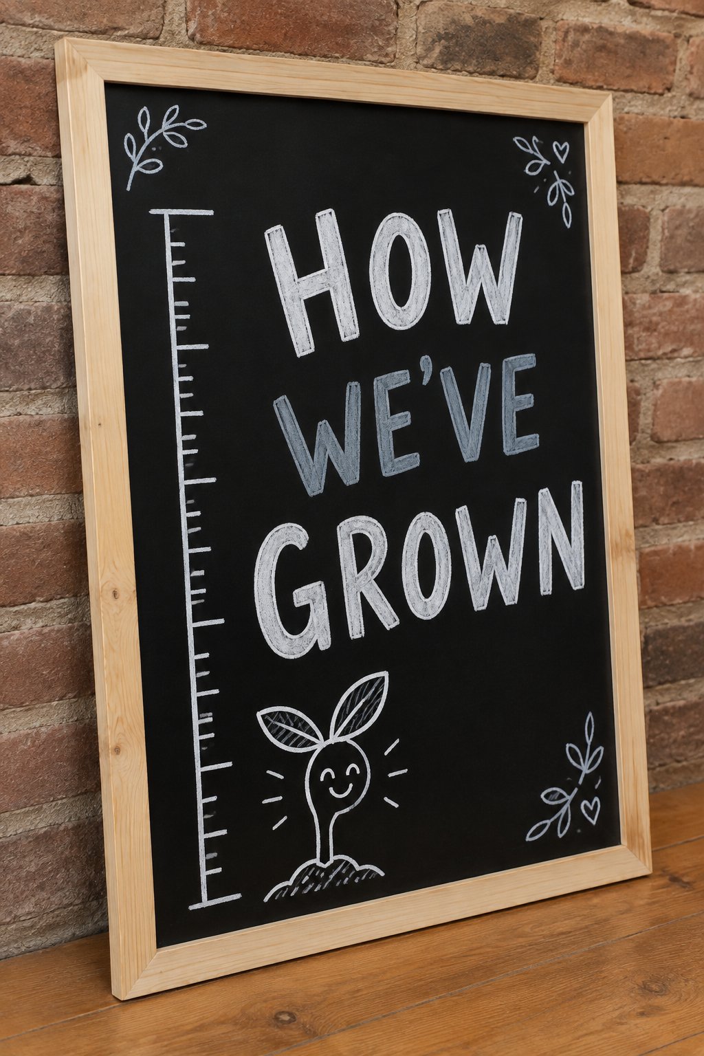 How We've Grown: a hand-drawn winter chalkboard sign reading "HOW WE'VE GROWN".