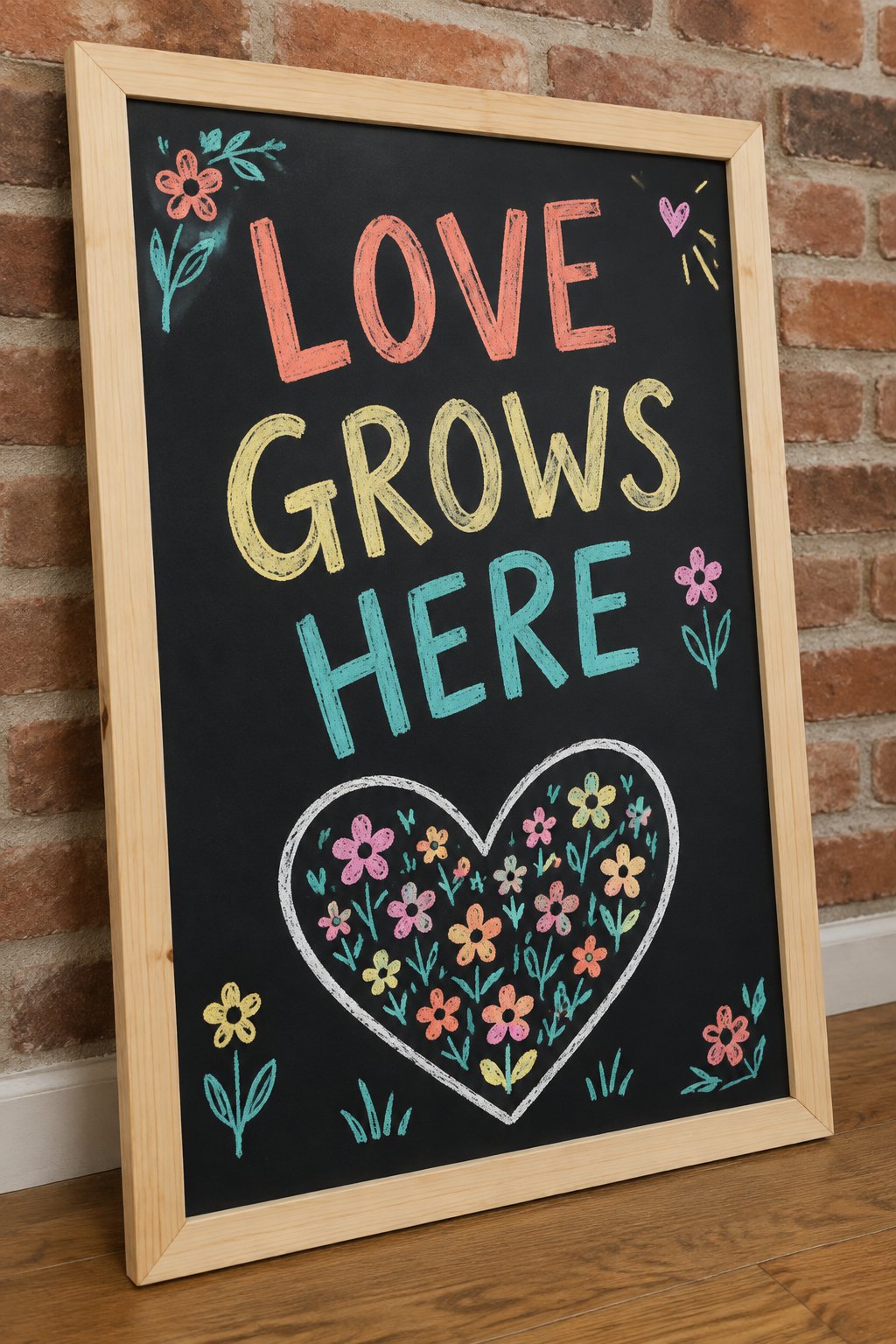 Love Grows Here: a hand-drawn spring chalkboard sign reading "LOVE GROWS HERE".
