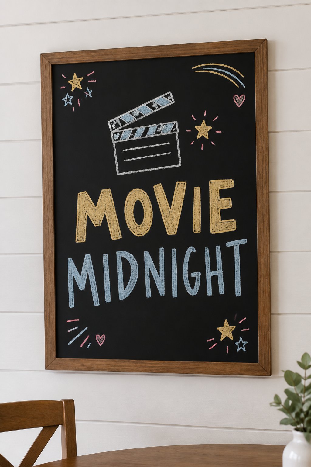 Midnight Movie: a hand-drawn newyear chalkboard sign reading "MOVIE MIDNIGHT".