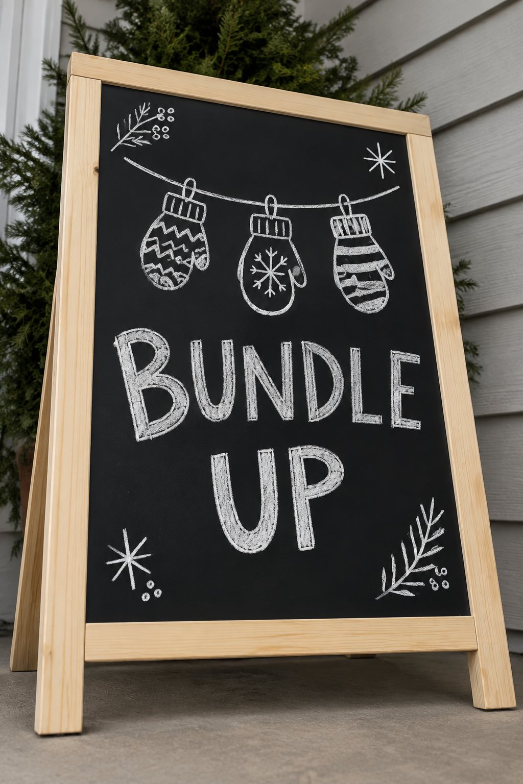 Mittens on a Line: a hand-drawn winter chalkboard sign reading "BUNDLE UP".