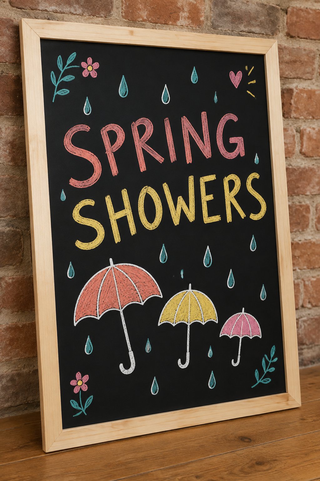 Spring Rain: a hand-drawn spring chalkboard sign reading "SPRING SHOWERS".