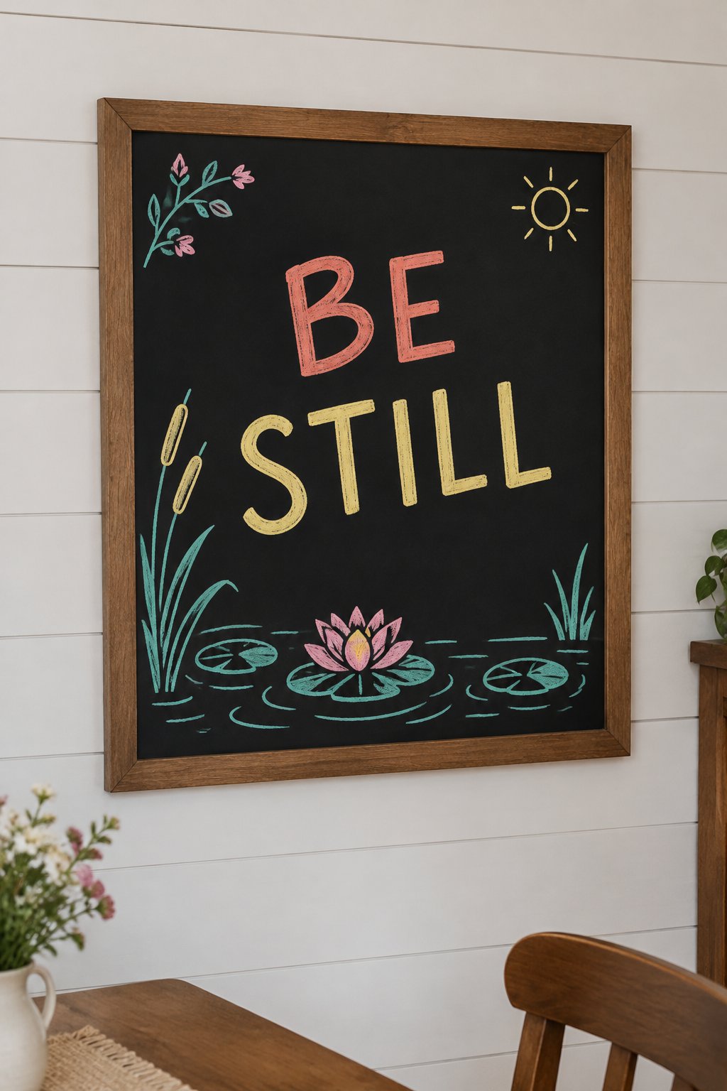 Be Still: a hand-drawn spring chalkboard sign reading "BE STILL".
