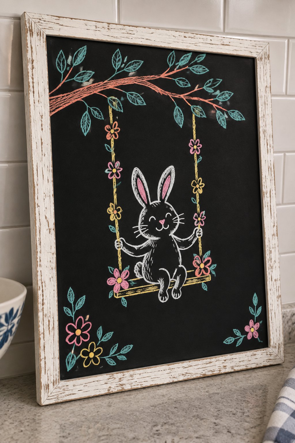 Bunny on a Swing: a hand-drawn spring chalkboard sign drawn without words, a smiling bunny sitting on a flower covered swing hanging from a leafy branch.