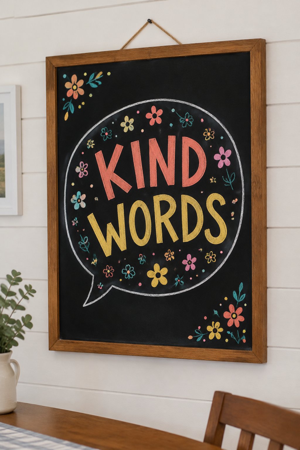 Kind Words: a hand-drawn spring chalkboard sign reading "KIND WORDS".