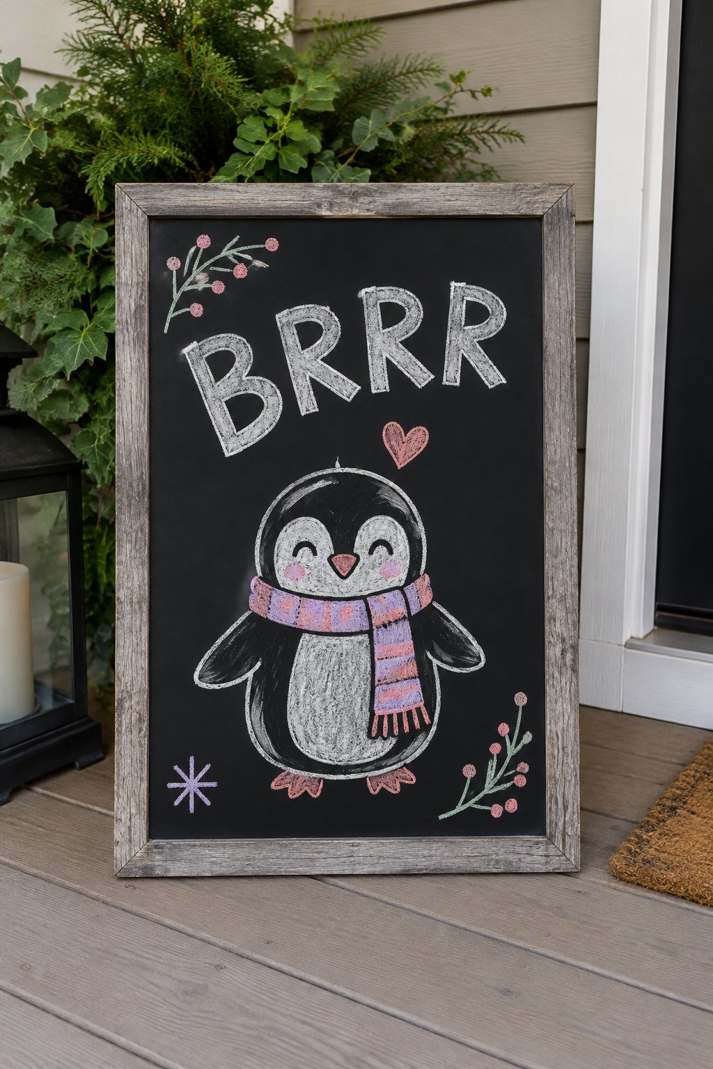 Penguin Scarf: a hand-drawn valentines chalkboard sign reading "BRRR".