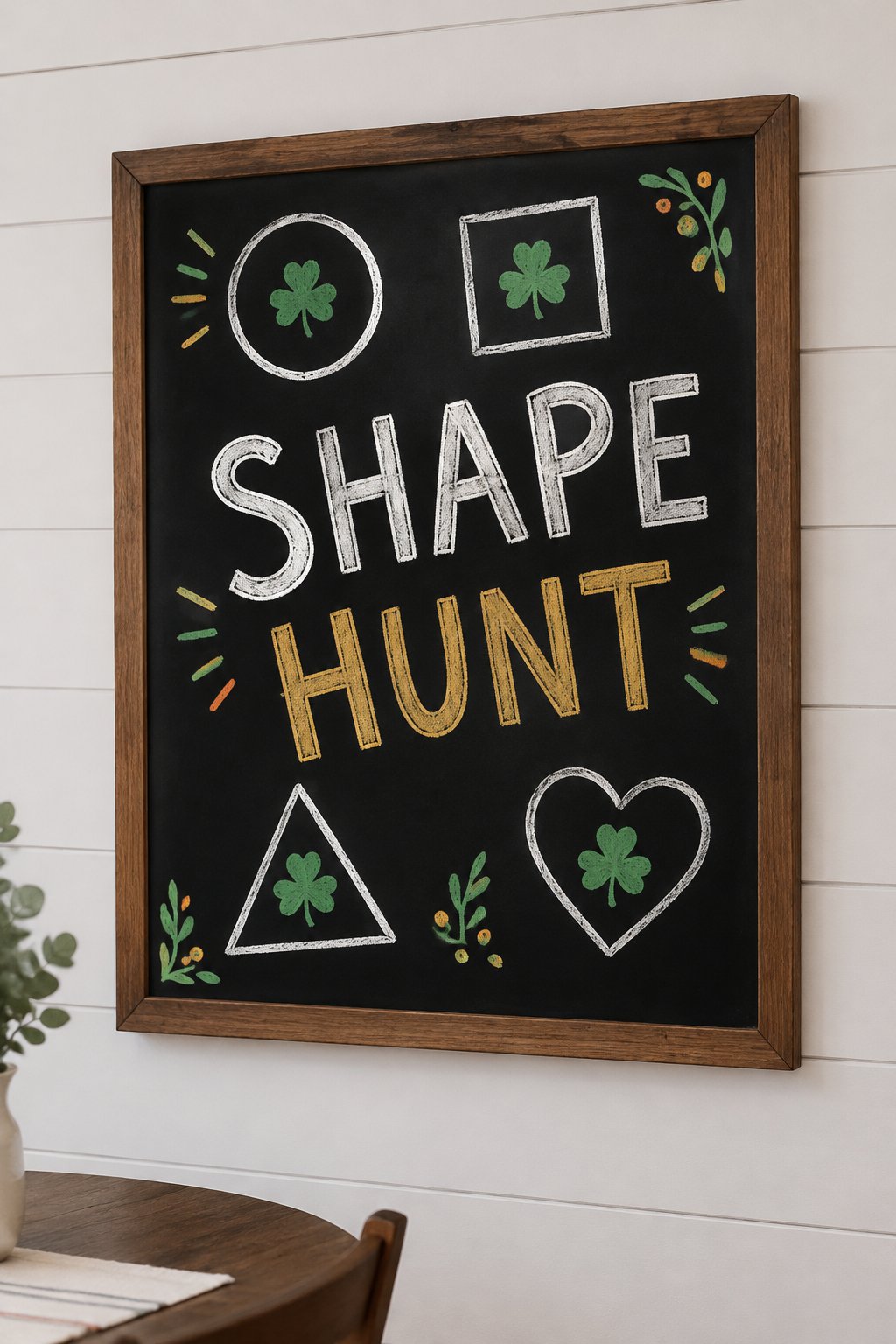 Shape Hunt: a hand-drawn stpatricks chalkboard sign reading "SHAPE HUNT".