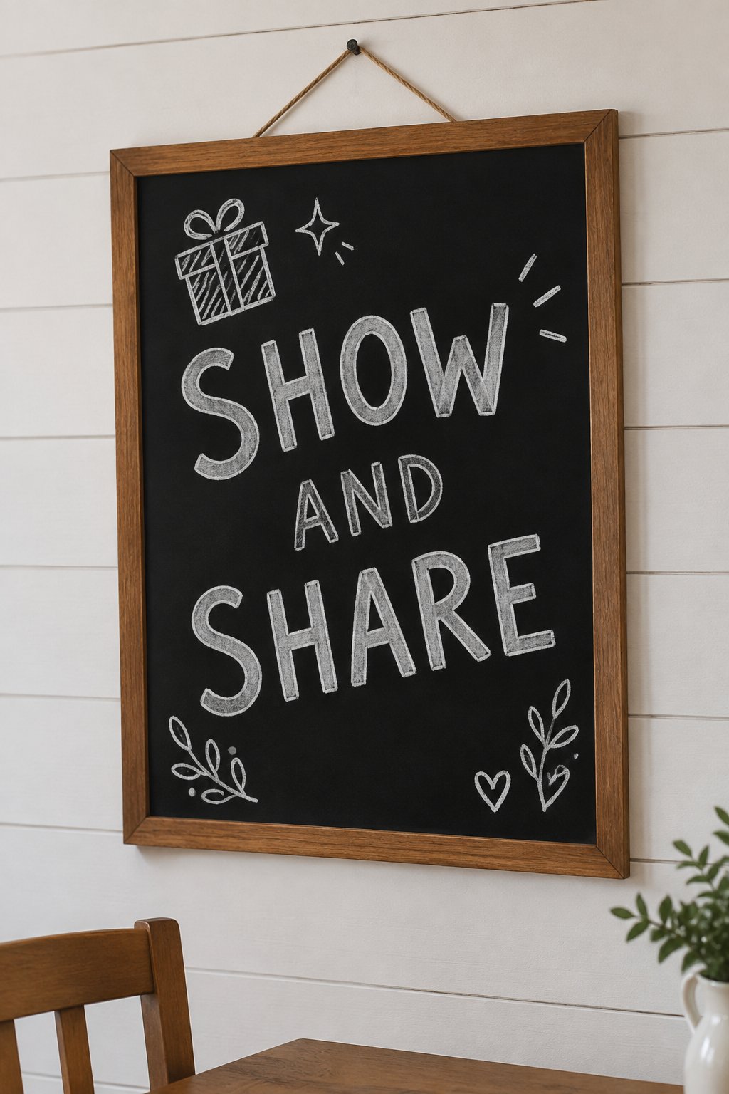 Show and Share: a hand-drawn winter chalkboard sign reading "SHOW AND SHARE".