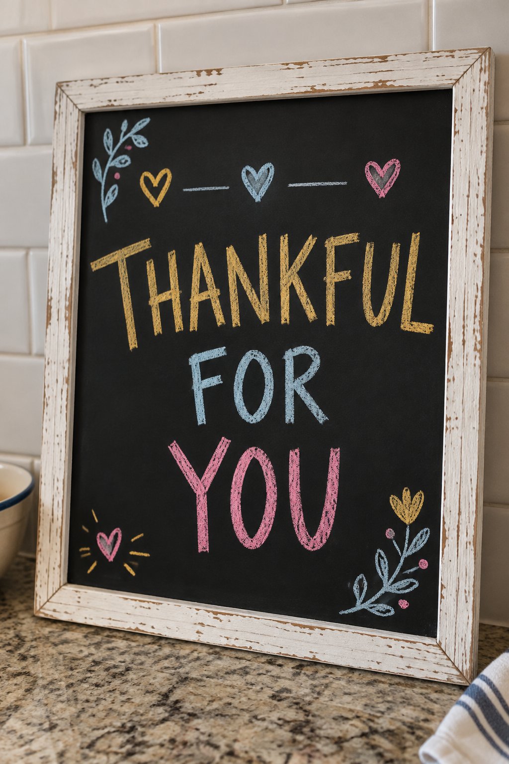 Thankful Year: a hand-drawn newyear chalkboard sign reading "THANKFUL FOR YOU".