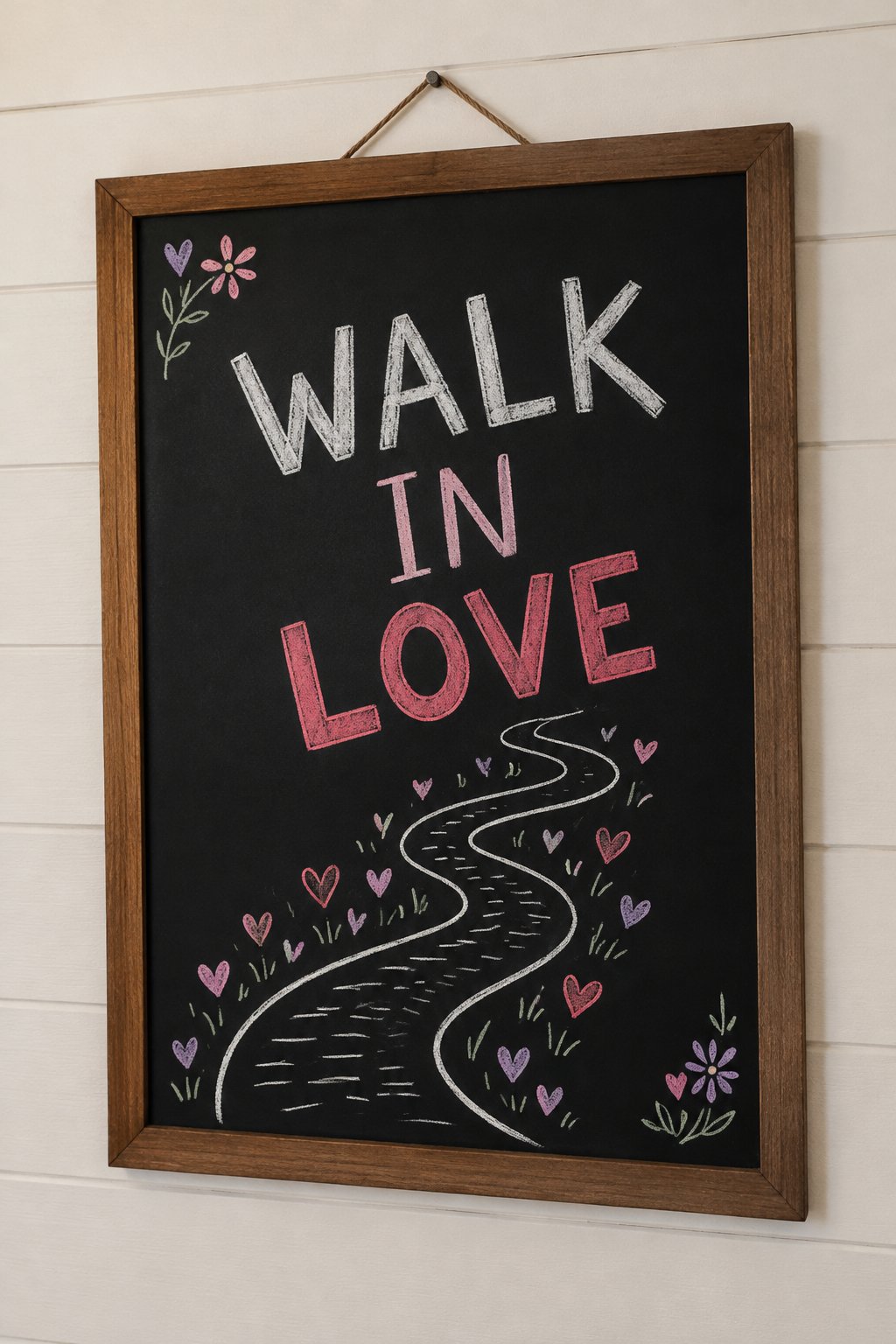 Walk in Love: a hand-drawn valentines chalkboard sign reading "WALK IN LOVE".