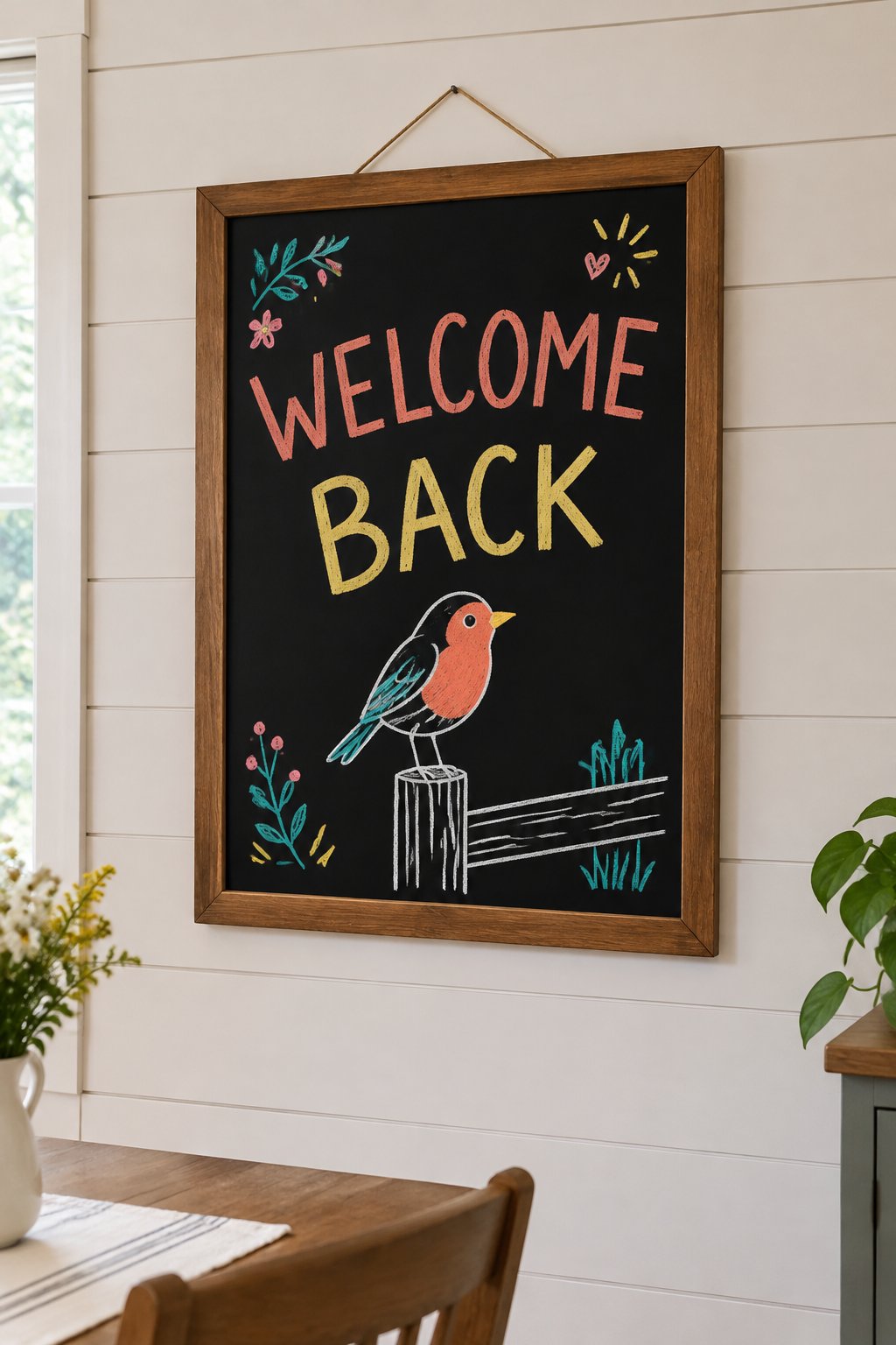 Welcome Robin: a hand-drawn spring chalkboard sign reading "WELCOME BACK".