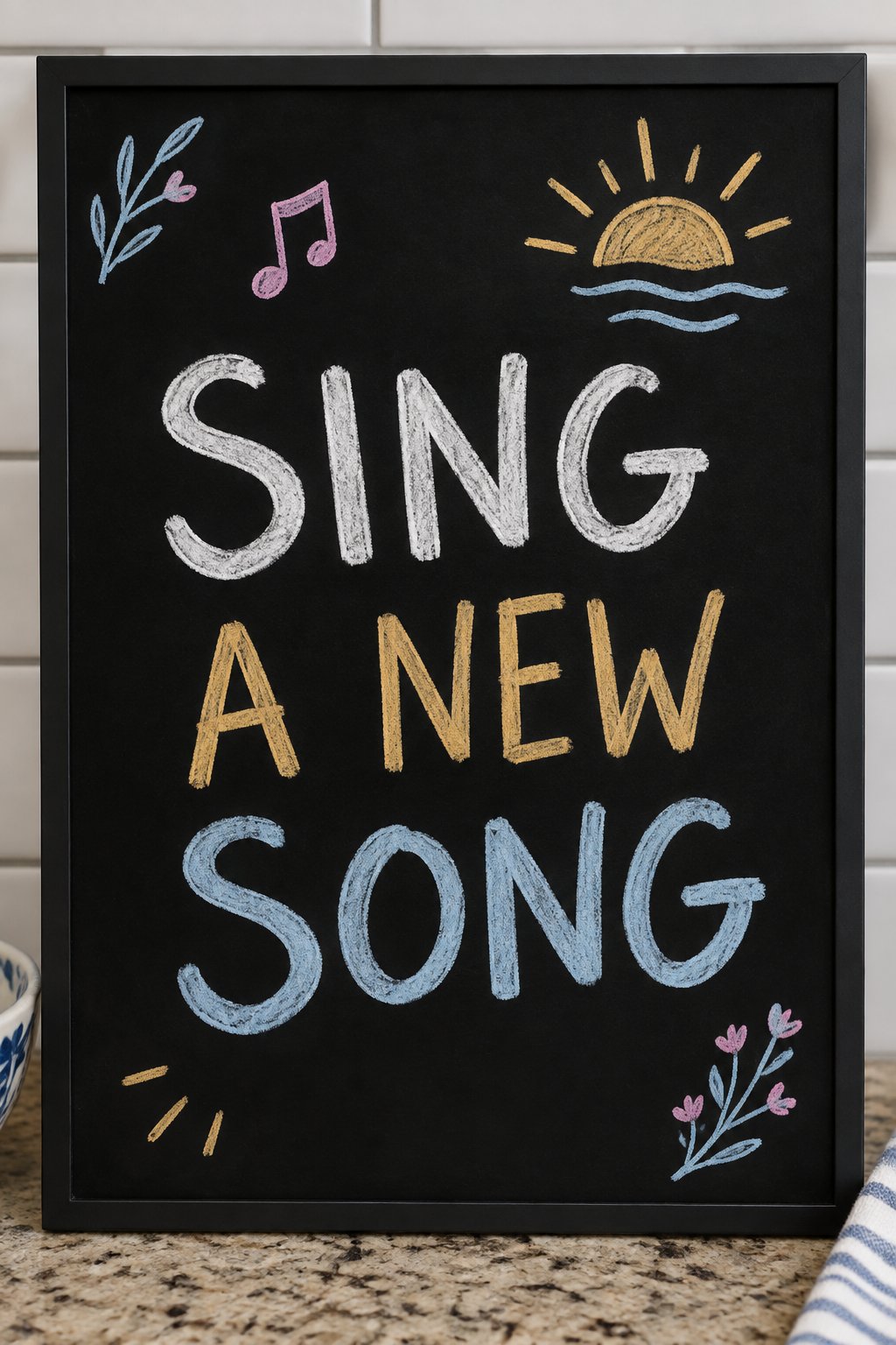 A New Song: a hand-drawn newyear chalkboard sign reading "SING A NEW SONG".