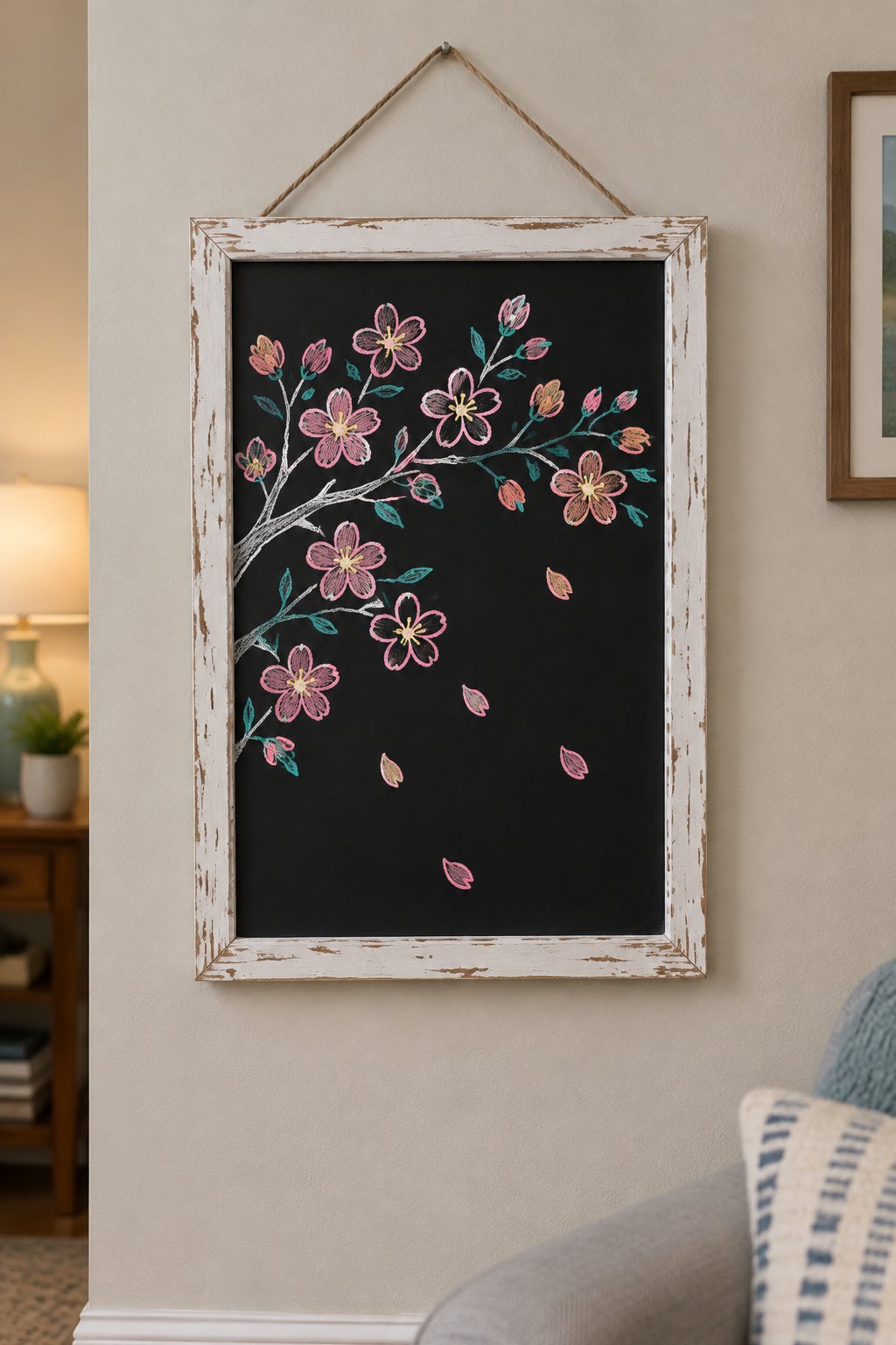 Cherry Blossoms: a hand-drawn spring chalkboard sign drawn without words, a branch covered in cherry blossoms with a few petals falling.