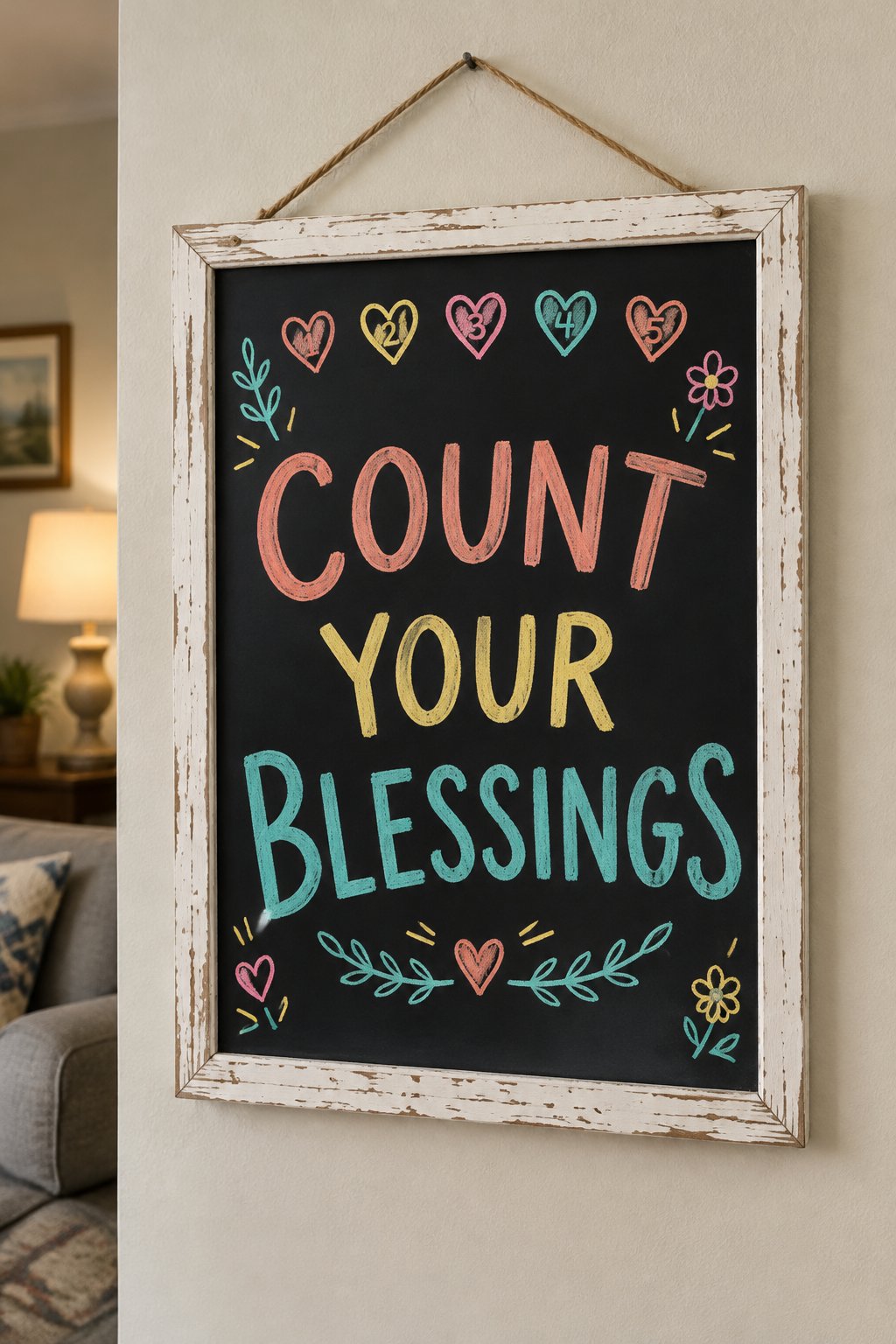 Count Your Blessings: a hand-drawn spring chalkboard sign reading "COUNT YOUR BLESSINGS".