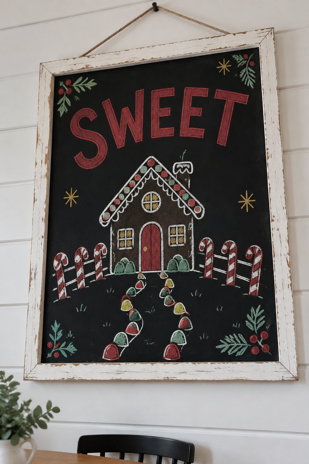 Gingerbread House: a hand-drawn christmas chalkboard sign reading "SWEET".
