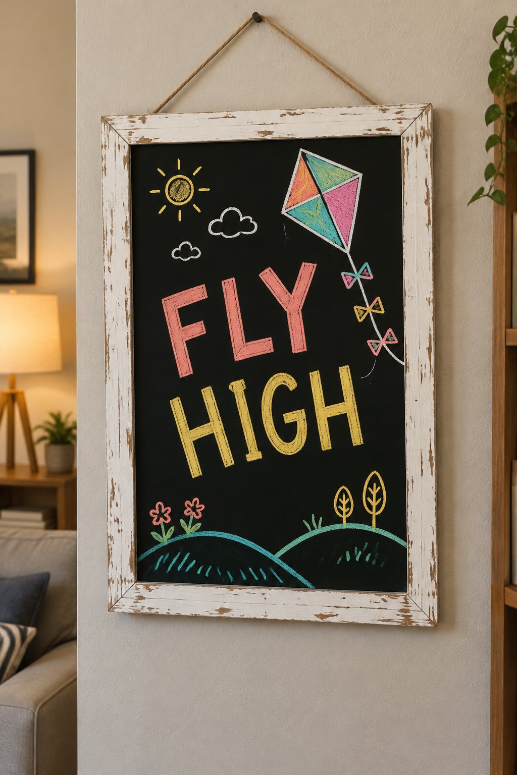 Kite Day: a hand-drawn spring chalkboard sign reading "FLY HIGH".