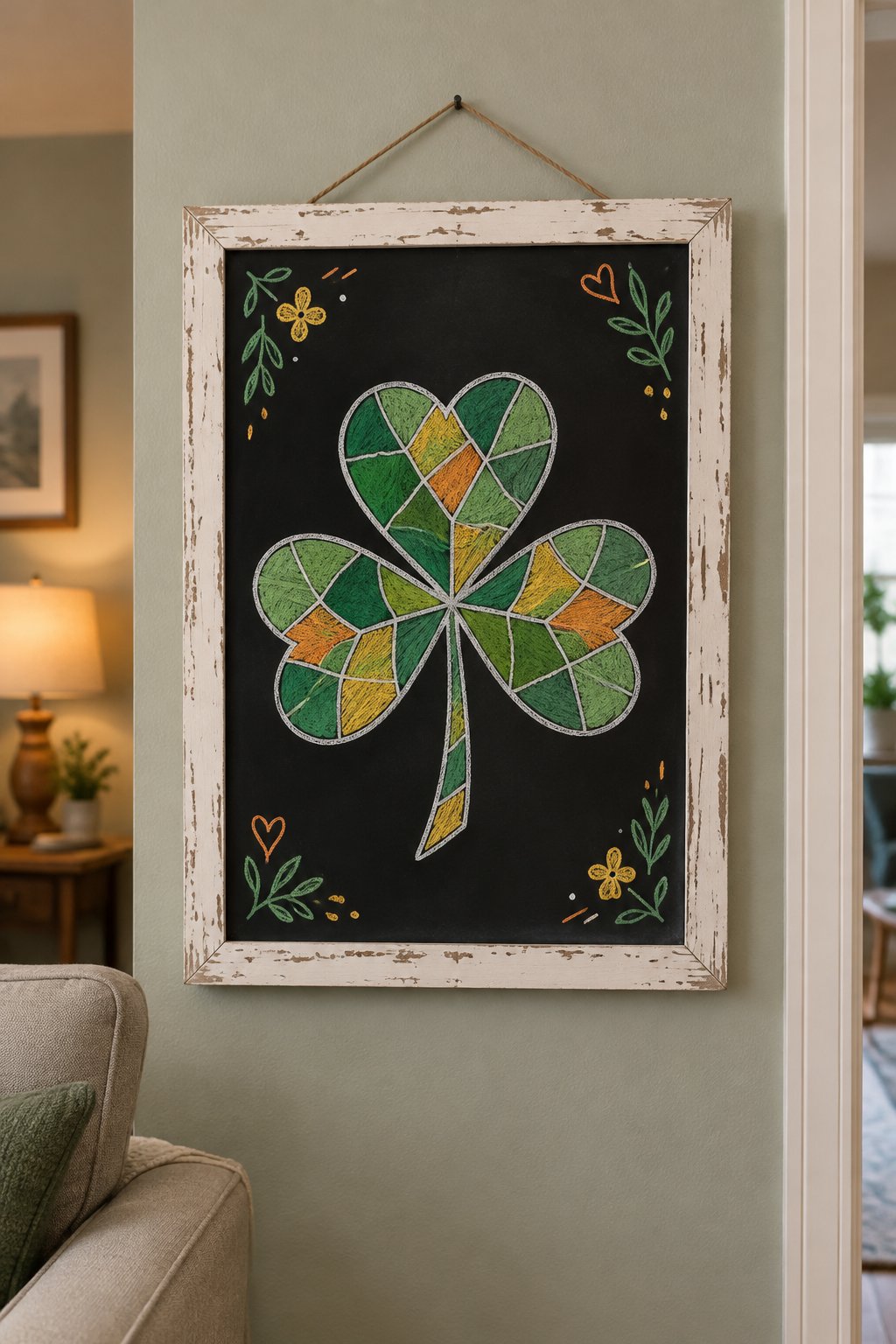 Stained Glass Shamrock: a hand-drawn stpatricks chalkboard sign drawn without words, a big shamrock divided into small sections like stained glass.