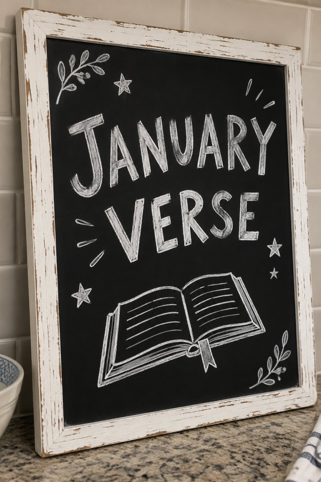 Verse of the Month: a hand-drawn winter chalkboard sign reading "JANUARY VERSE".